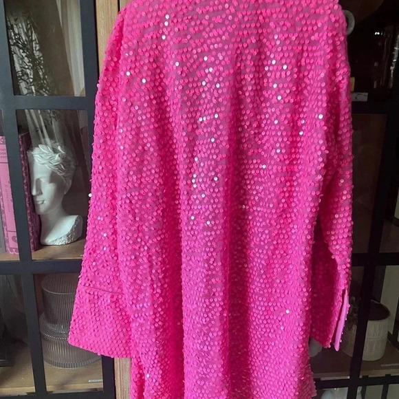 H&M pink sequins shirt mini dress button down Barbiecore long sleeve eras tour - Picture 4 of 8